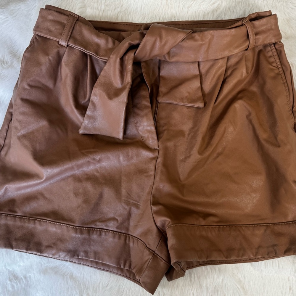 Express Faux Leather High-Waist Paperbag Shorts in Brown
